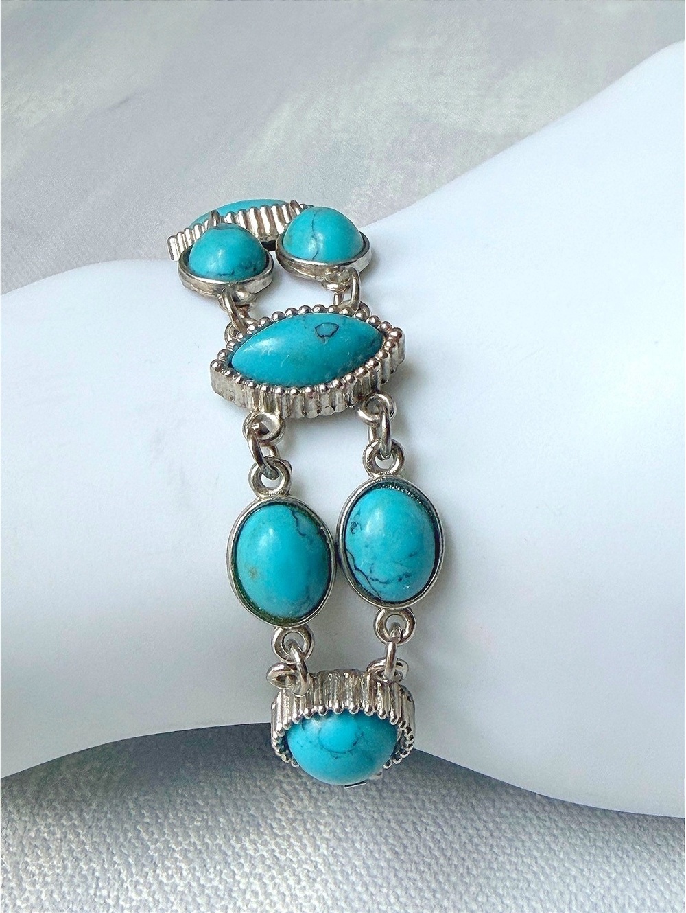 💥SOLD OUT💥Blue Howlite Silver Tone Double Strand Statement Bracelet - Picture 2 of 6